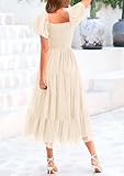 PRETTYGARDEN Women's Smocked Midi Tulle Dress 2025 Summer Puffy Short Sleeve Square Neck Ruffle Wedding Guest Party Dresses (Beige,Small)