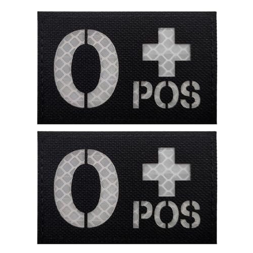 EmWoot 2 PCS Blood Type Patch O+ POS Reflective Tactical Morale Patch Laser Cut Hook and Loop 3x2 Inch Black White