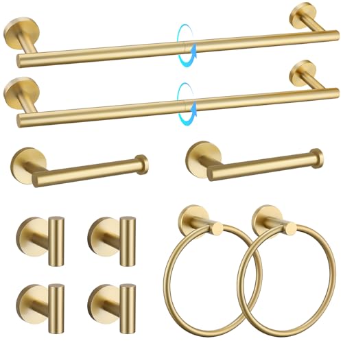 TQKAG Brushed Gold Bathroom Hardware Accessories Set 10-Pieces, Premium SUS304 Stainless Steel Bathroom Towel Bar Holder Set 23.6 Inch Round Towel Racks for Bathroom Wall Mounted