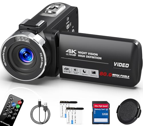 DINGETU Camcorder Video Camera 4K HD 80MP Vlogging Camera for YouTube, 30FPS IR Night Vision Camera, 18X Digital Zoom 3.0 270°IPS Screen Video Camera with SD Card, 2 Batteries, Remote Control
