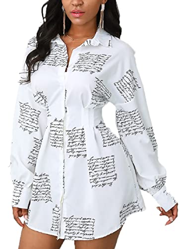 White Shirt Dress for Women Sexy Button Down Shirt Tops Long Sleeve Blouses Floral Print Dresses Loose Collar T-Shirts