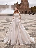 Illusion Long Sleeve Lace Wedding Dresses for Bride Scoop Neck Tulle A Line Princess Wedding Gown for Women 2024 White 12