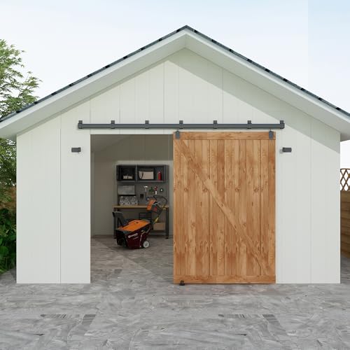 JUBEST 12FT Box Rail Exterior Barn Door Hardware Kit, Heavy-Duty Black Sliding Barn Door Track System, Wall Mount Door Hardware Kits (Door Not Included)