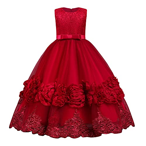 Girl Vintage Sleeveless Embroidery Princess Dress 3D Flower Girls Lace Bridesmaid Long Dress Wedding Pageant Formal Party Maxi Gown Kids Prom Communion Puffy Tulle Ball Gowns Red-Bowknot 11-12 Years