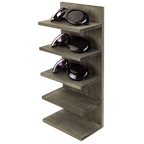 MyGift 5 Tier Vintage Gray Solid Wood Sunglasses Holder Rack, Wall Mounted Eye Glasses Shelf or Tabletop Display Stand, Retail Eyewear Showcase Storage Organizer