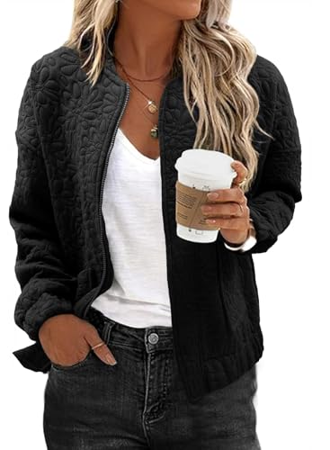 EVALESS Jackets for Women Fashion 2025 Spring Outfits Business Casual Womens Clothes Cute Jacquard Coat Bomber Jacket Lightweight Long Sleeve Stand Collar Zip Up Black Jacket with Pockets, Small