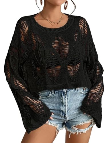 Vinsekep Womens Gothic Short Sweaters Casual Hallow Out Oversized Punk Goth Black Sweater Long Bell Sleeve Ripped Crop Tops with Holes Large