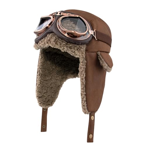 Peicees Aviator Hat and Goggles for Adult Kids Vintage Pilot Hat Costume Winter Trapper Hat with Fur Ear Flaps Fleece Lined Brown