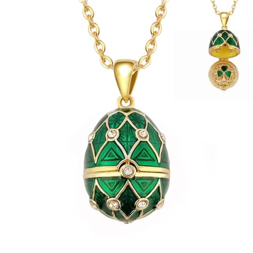 BSHY Faberge Easter Egg Necklace for Women Clover Locket Lucky Pendant Necklaces Chain 18+2 Inches (Clover, Green, Little 0.85x0.6inches)