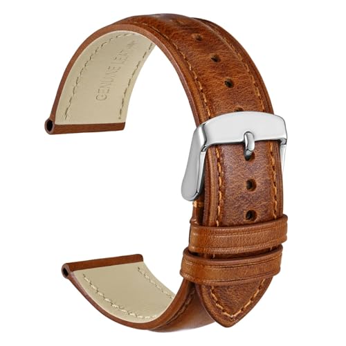 WOCCI 16mm Vintage Leather Watch Band for Men and Women, Silver Buckle (Gold Brown)