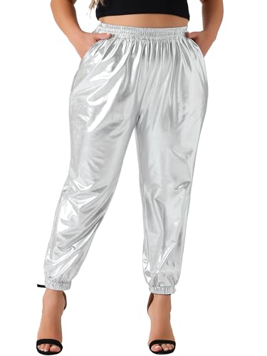 Agnes Orinda Plus Size Jogger Pants for Women Metallic Shiny High Waist Stretchy Wear Holographic Trousers Sweatpant 4X Silver