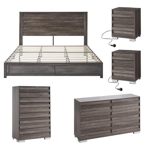 LUXOAK 5 Pieces Farmhouse Bedroom Sets - Includes King Size Bed Frame with Tall Headboard, Farmhouse 6 Drawer Dresser, 5 Drawer Tall Dresser, Nightstand Set of 2 with Charging Station, Rustic Grey