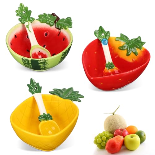 Jingmore 3 Sets Ceramic Bowl Set Fruit Shape Ceramic Bowl with Spoon Watermelon Pineapple Strawberry Shape Ice Cream Bowls Kitchen Serving Salad Dessert Bowls for Soup Cereal Nuts Appetizer Food