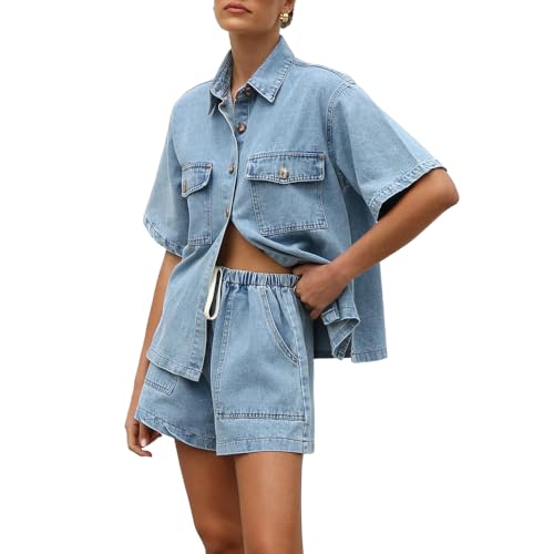 Molilove Women's 2 Piece Denim Outfits Short Sleeve Button Down Shirt High Waist Shorts with Pockets Two Piece Tracksuit