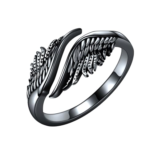 AXOMY Angel Wing Ring 925 Sterling Silver Feather Angel Wing Adjustable Open Thumb Ring Angel Christian Religious Jewelry Mothers Gifts for Women Mom Grandma(Black)