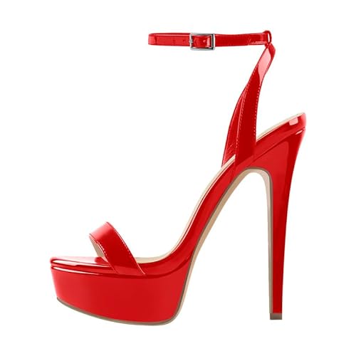 onlymakerheels Platform Stiletto High Heels for Women, Round Open Toe Ankle Strap Sexy Heeled Sandals for Wedding Party Dress Red Size8