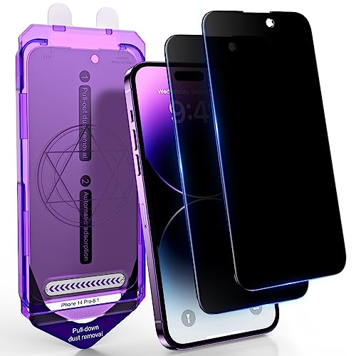 UniqueMe Compatible for iPhone 14 Pro Privacy Screen Protector 6.1 inch with Auto-Align Frame [𝐀𝐮𝐭𝐨-𝐃𝐮𝐬𝐭 𝐑𝐞𝐦𝐨𝐯𝐚𝐥], Tempered Glass Anti-Spy Film [9D Full Coverage]，2 Pack