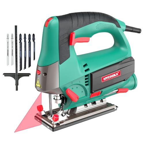 HYCHIKA Jig saw, 6.7A Jig Saw 800-3000SPM with 6 Variable Speeds, 4 Orbital Sets, Bevel Angle 45°, 6PCS Blades, Pure Copper Motor, Laser Guide, Wood Metal Plastic Cutting