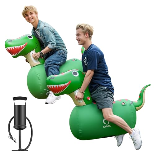 QPAU Inflatable Bouncy Dinosaur Toys 2 PCS with Hand Pump, Heavy Duty Giant Bouncy Pal, 220lbs Load Capacity, Ride On Bouncy Animal Hopper Toy, Indoor Outdoor Bouncers for Kids Girls Boys Ages 5+
