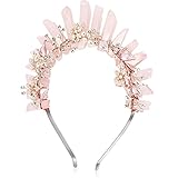 Taiyin Raw Crystal Quartz Crown Headband Women Pink Crown Flower Crystal Mermaid Tiara Headband Handmade Natural Stone Witch Headpiece for Wedding Party Bride Fairy Costume Hair Accessories