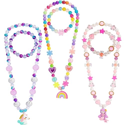 PinkSheep Kids Classic Jewelry, 3 Sets of Beaded Necklaces and Bracelets for Girls, Favors Bags for Girls Jewelry (Mermaid)