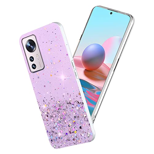 Yarxiawin Phone Case for Xiaomi 12 Lite, Glitter Bling Design for Xiaomi 12 Lite Case Clear Silione Soft Aesthetic Slim Cover Pink Cute for Women & Girls (Purple)