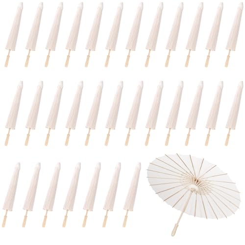 MBJZSL 30 Pack White Paper Umbrellas, 23.6 Inch Paper Parasol Umbrella Chinese Japanese Style DIY Umbrellas Decorative Vintage Decor for Wedding Props