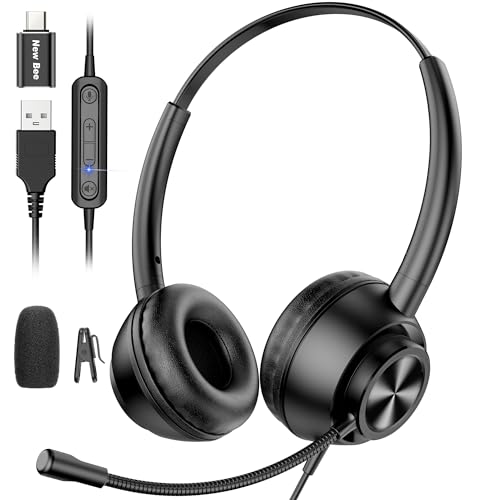 New bee Single Ear Wired Headset & Doule Ear Computer USB Headset with Microphone for Office Work Call Centre