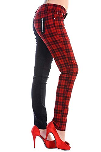 Banned Skinny Half Check Tartan Trousers Women Punk Emo Split Leg Checked Pants Alternative Fashion, Red, M