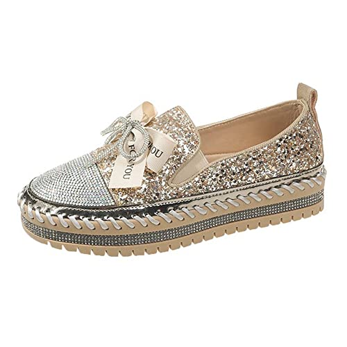 SUGURETA Women's Fashion Rhinestone Slip On Sneakers Casual Comfort Platform Walking Shoes Cute Bowknot Glitter Bling Loafers B-Gold 40