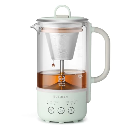 BUYDEEM K32 Travel Tea Maker, Multi-functional Electric Kettle for Tea and Coffee Brewing, Auto Keep Warm, One-Touch Temperature & Time Control, Heat Resistant DURAN® Glass, 0.6L, Cozy Greenish