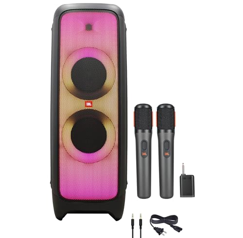 JBL PartyBox 1000 High Power 1100W Bluetooth Speaker (JBLPARTYBOX1000AM) + Wireless Two Microphone System + AUX Cable + Microfiber Cloth Karaoke Kit