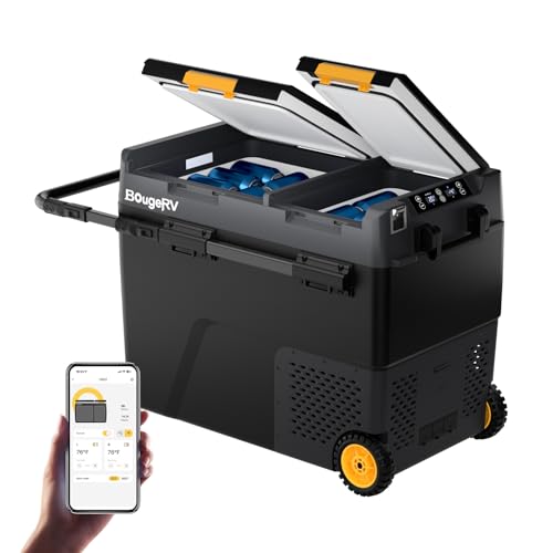 BougeRV 12 Volt Car Refrigerator, CRD2 61 Quart Portable Fridge Freezer with APP Control, -4℉ to 68℉ Dual Zone Compressor Electric Cooler 12/24V DC, 110~240V AC for Overlanding, Camping, RV, Truck