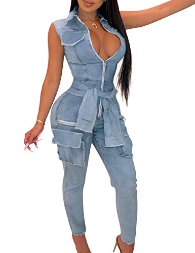 Sexyshine Women’s Sexy Sleeveless Night Club Denim Jumpsuits Rompers Drawstring Zipper One Piece Stretchy Rompers(16621LB,L)