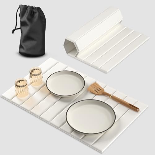 Large Dish Drying Mat for Kitchen Counter Foldable, 25"x16"Absorbent Water PU Leather with Diatomaceous Earth Mat, Quick Drying Mat for Bathroom (White)