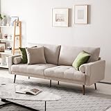 Vonanda Fabric Sofa Couch, Mid-Century 73 Inch 3 Seater Linen Couch with Hand-Stitched Comfort Cushion and Bolster Pillows for Living Room,Elegant Beige