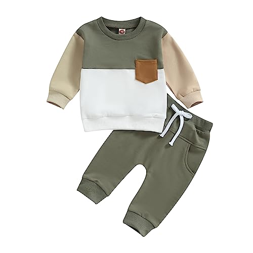 FYBITBO Toddler Baby Boy Fall Winter Clothes Color Block Long Sleeve Shirt Top and Pants Sweat Suit Outfit Clothing Set (B Army Green-Sweatsuit Set, 12-18 Months)
