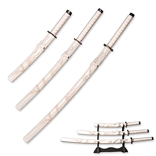 3pc Set Japanese Samurai Sword with Display Stand,Iaido Katana Engraved with Dragon Pattern On The Scabbard Carbon Steel Blade Real Sword for Display Decoration and Gift