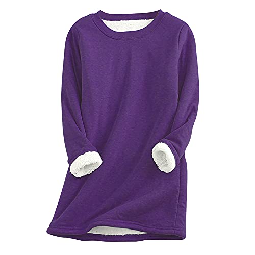 kuweot Women Thick Fleece Printed Sweatshirt Winter Warm Underwear Round-Neck Blouses Tops Purple