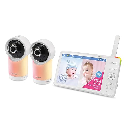 VTech RM7766-2HD RM77662HD Smart Wi-Fi 1080p 2-Camera 360°-Pan-and-Tilt Video Baby Monitor System with 7-in. Display, Night-Light, and Remote Access, White