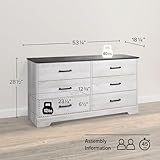 Prepac Rustic Ridge Farmhouse 6-Drawer Double Dresser, Washed White Dresser for Bedroom, Chest of Drawers with 6 Storage Drawers, 53.25” wide x 18.25” deep x 28.5” tall, Washed White