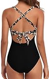 Eomenie Women's One Piece Swimsuits Tummy Control Cutout High Waisted Bathing Suit Wrap Tie Back 1 Piece Swimsuit Black and Leopard