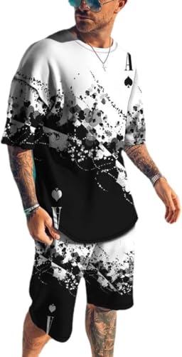 MARLLCO Men's Short Sets 2 Piece Summer Outfits Tracksuits Short Sleeve Shirt and Shorts 3D Poker Shirt (color25,L)