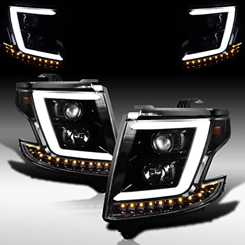 AUTOZENSATION Compatible with 2015-2020 Chevy Tahoe, Suburban, Left + Right Pair Headlamps Assembly, Jet Black LED Light Bar Projector Headlights
