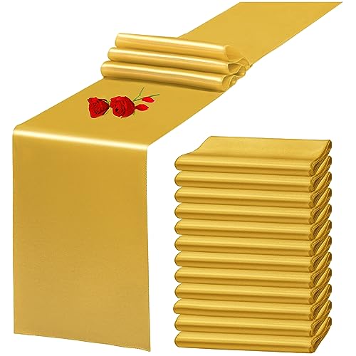 12 Pack Gold Satin Table Runner 12 x 108 Inch Long Premium Table Runners, for Wedding Party Events Decoration, Birthday Parties, Banquets Decorations, Graduations, Engagements