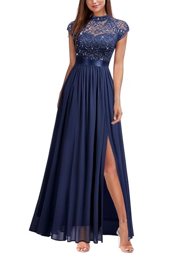 Miusol Women's Elegant Sequin Lace Contrast Chiffon Split Style Evening Party Maxi Dress (Large, Navy Blue)