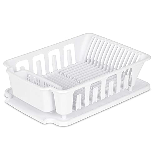 Heavy Duty Sturdy Hard Plastic Sink Strainer Set with Dish Rack, Drainer & Drainboard, Easy to Clean with Snap Lock Tab Cup Holders for Home Kitchen Sink Organizers, Large, White