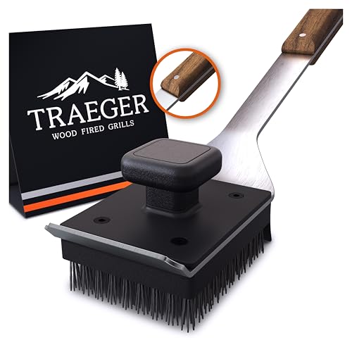 Traeger Grills BAC537 BBQ Cleaning Brush for Outdoor Grill – Stainless Steel Grill Scraper with Nylon Bristles, Teak Wood Handle, Dual Grip Design, and Hanging Loop