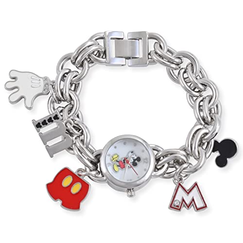 Disney Mickey Mouse Silver Charm Bracelet Watch for Kids & Adults – Cute Collectible Timepiece with Iconic Character Charms & Stainless Steel Chain – Adjustable Fit 5.5"-8" – Gift-Ready Box