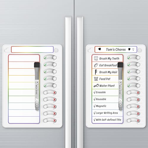 Chore Chart for Kids Dry Erase Chore Board ADHD Tools for Kids to Do List Checklist Task Board Routine Chart Planning Board for Fridge with 10 Sliders and Magnetic Marker, White and Rainbow, 2 Pack